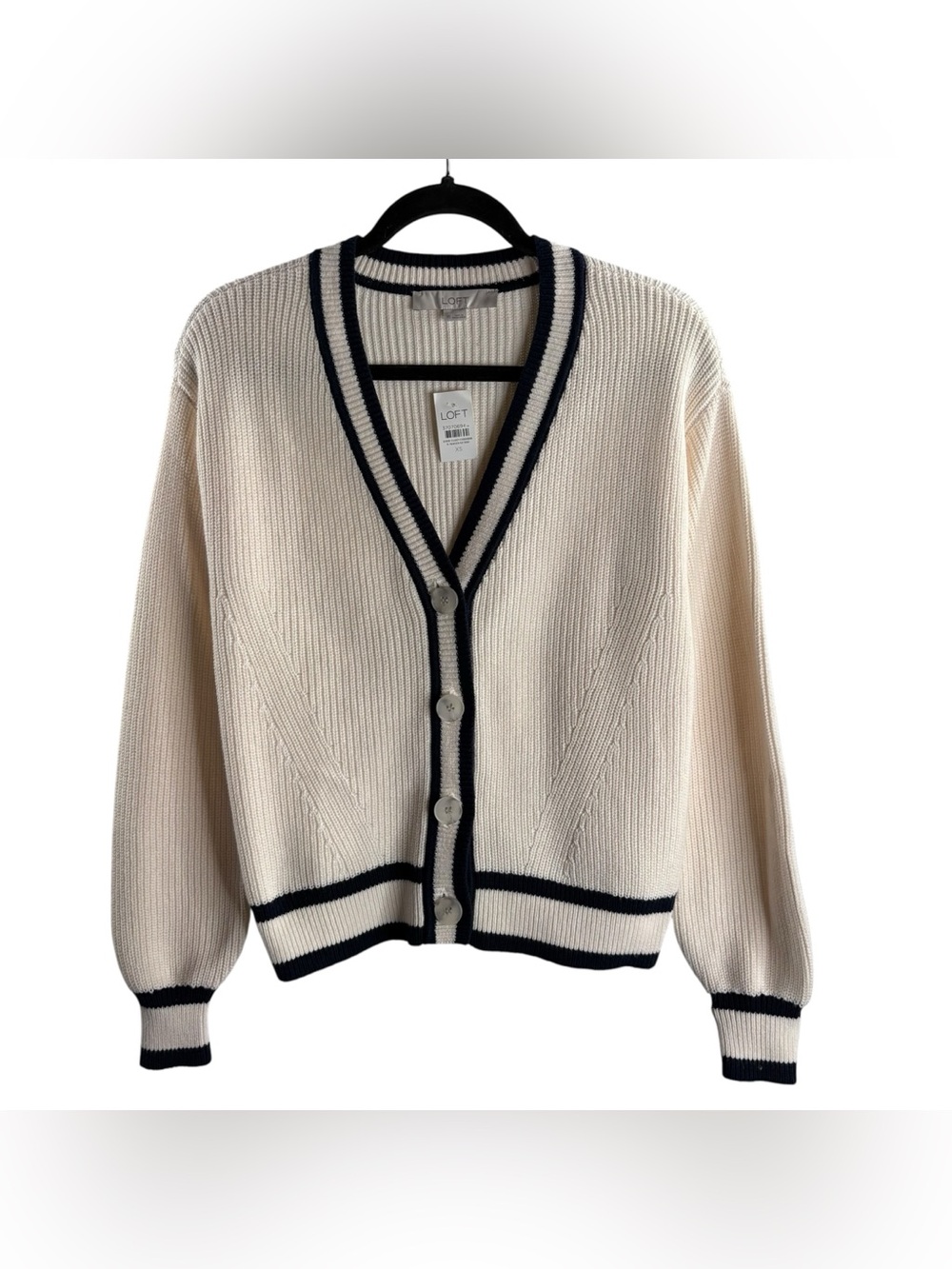 LOFT Cream V-Neck Button Cardigan with Navy Trim NWT $79